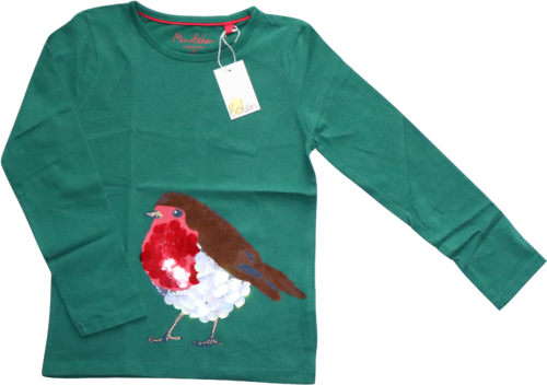 Mini Boden Shirt Langarm Grün Rotkehlchen Pailletten Größe 128 (7 - 8 Jahre)